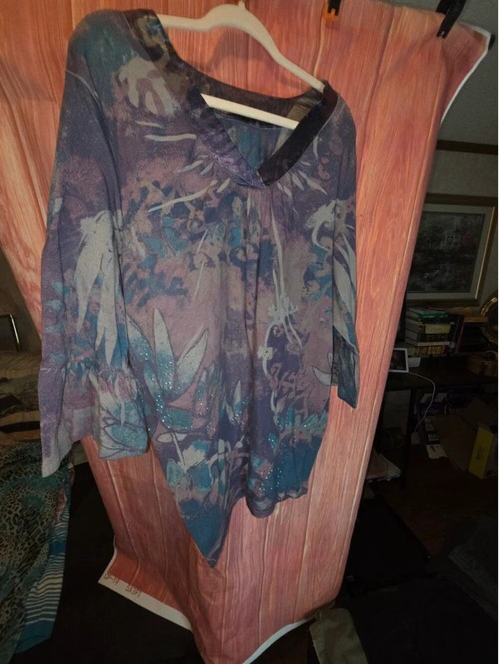 Purple Floral Rhinestone Satin Trim Asymmetric Bell Sleeve Tunic Top 3X
